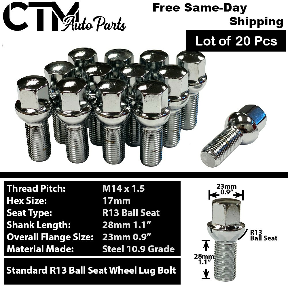 20x Chrome 14×1.5 Ball Seat Wheel Lug Bolts 28mm Shank Fit Mercedes Stock Wheels