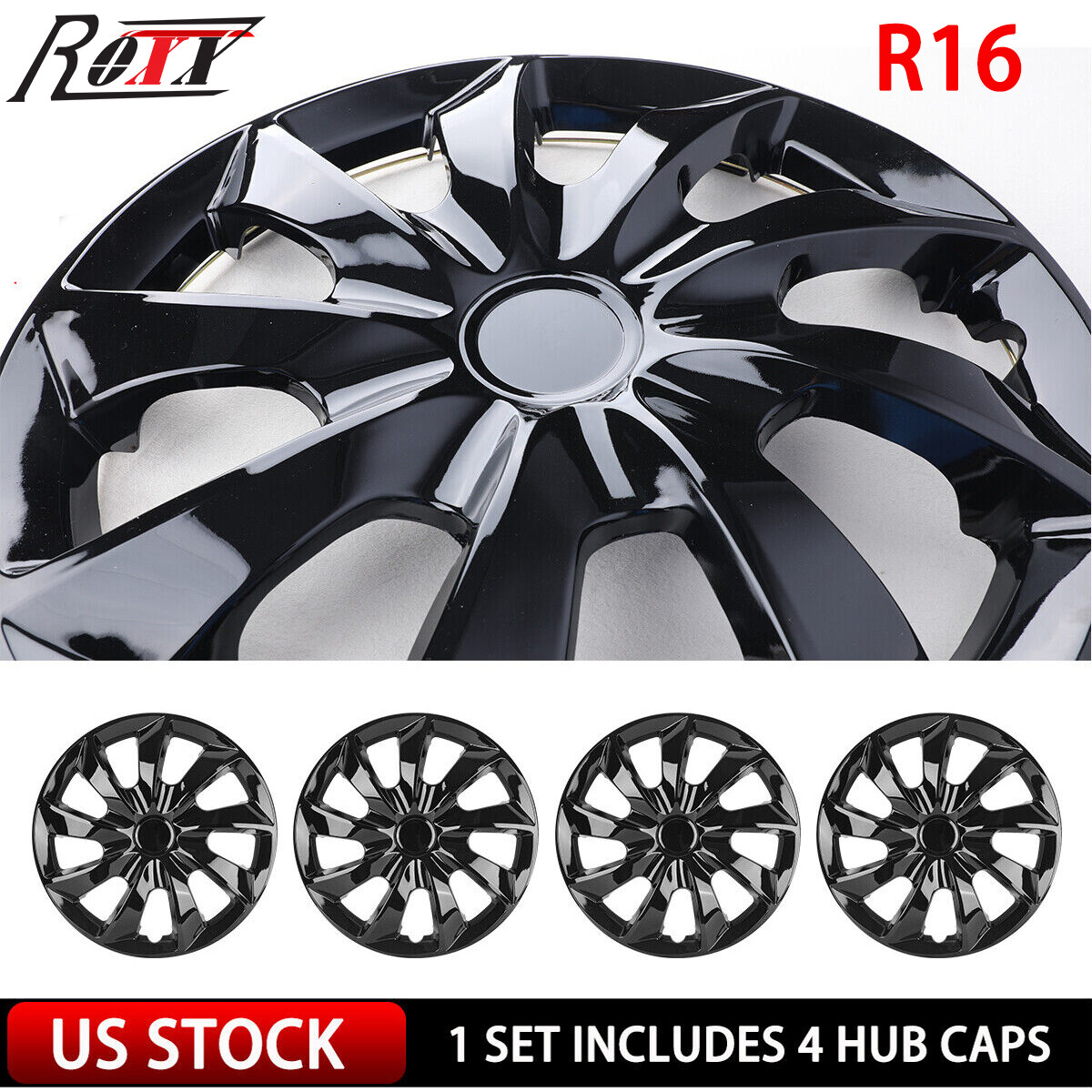 4*16″ Black Lacquer Snap On Wheel Hub Caps Trim Rings fit R16 Tire & Steel Wheel