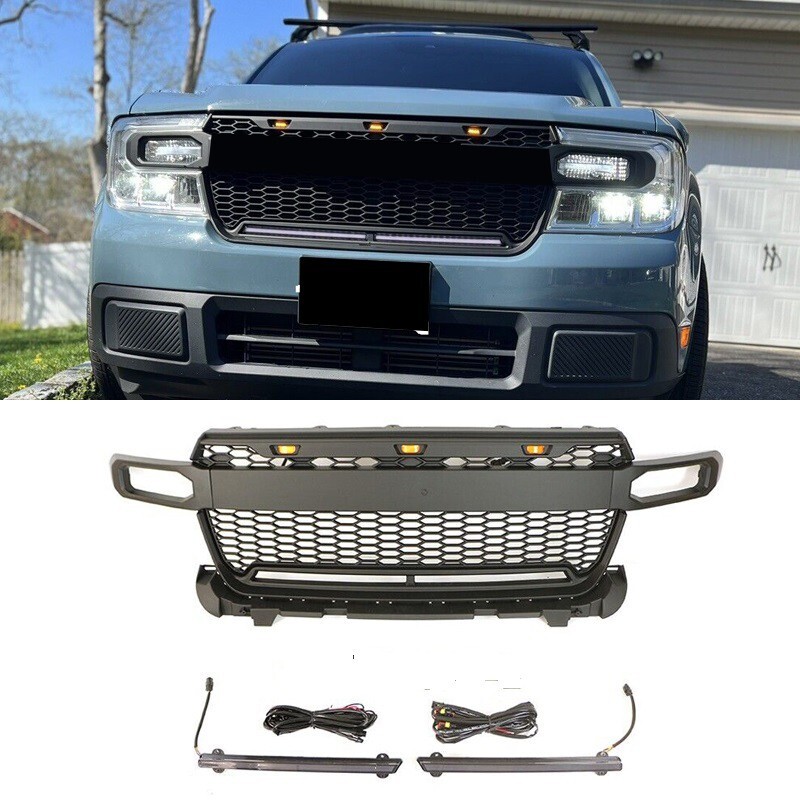 Black Front Grille Fit For Ford Maverick 2022-2023 Led Light & Light Bar