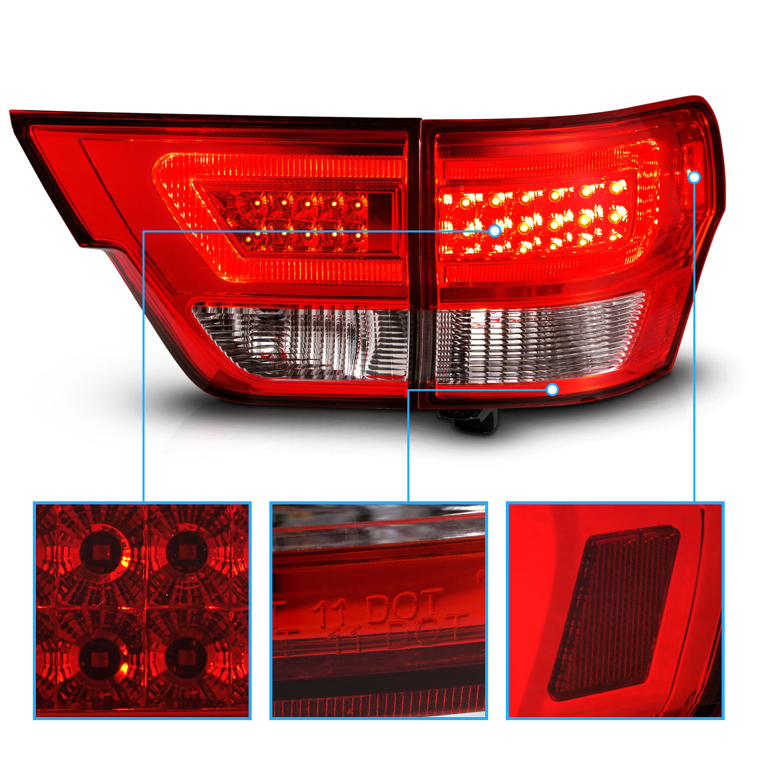 4PCS LED C Bar Tail Lights Pair For 2011-2013 Jeep Grand Cherokee Red Clear