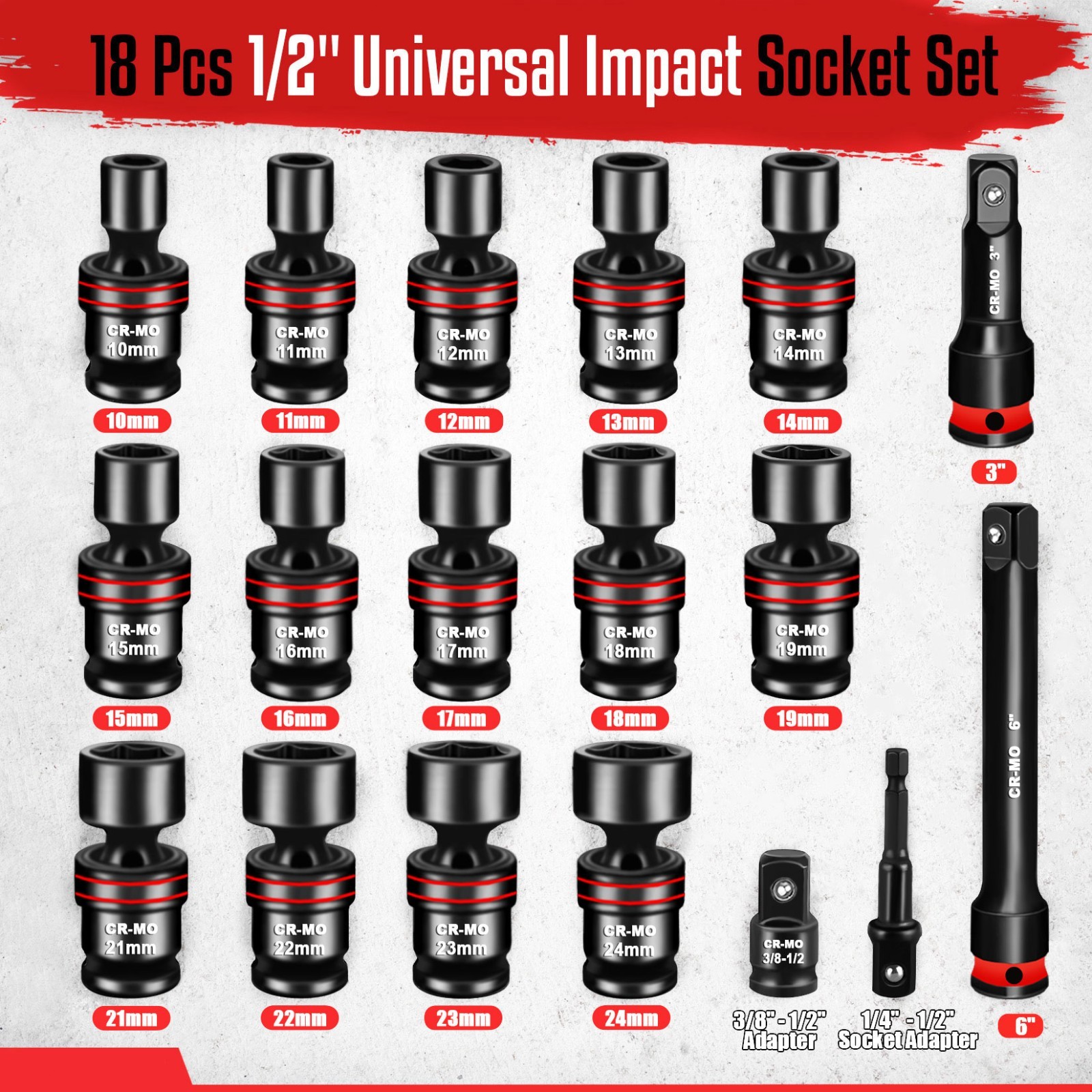 18-Piece 1/2″ Drive Shallow Impact Universal Joint Metric Swivel Socket Set