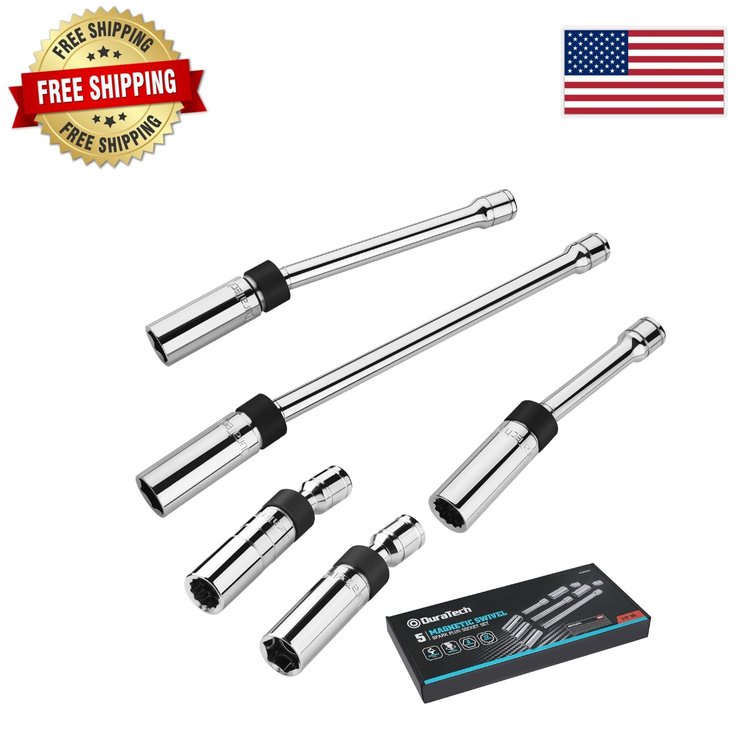 5-Piece Magnetic Spark Plug Socket Set with 360-Degree Swivel and Mirror Finish