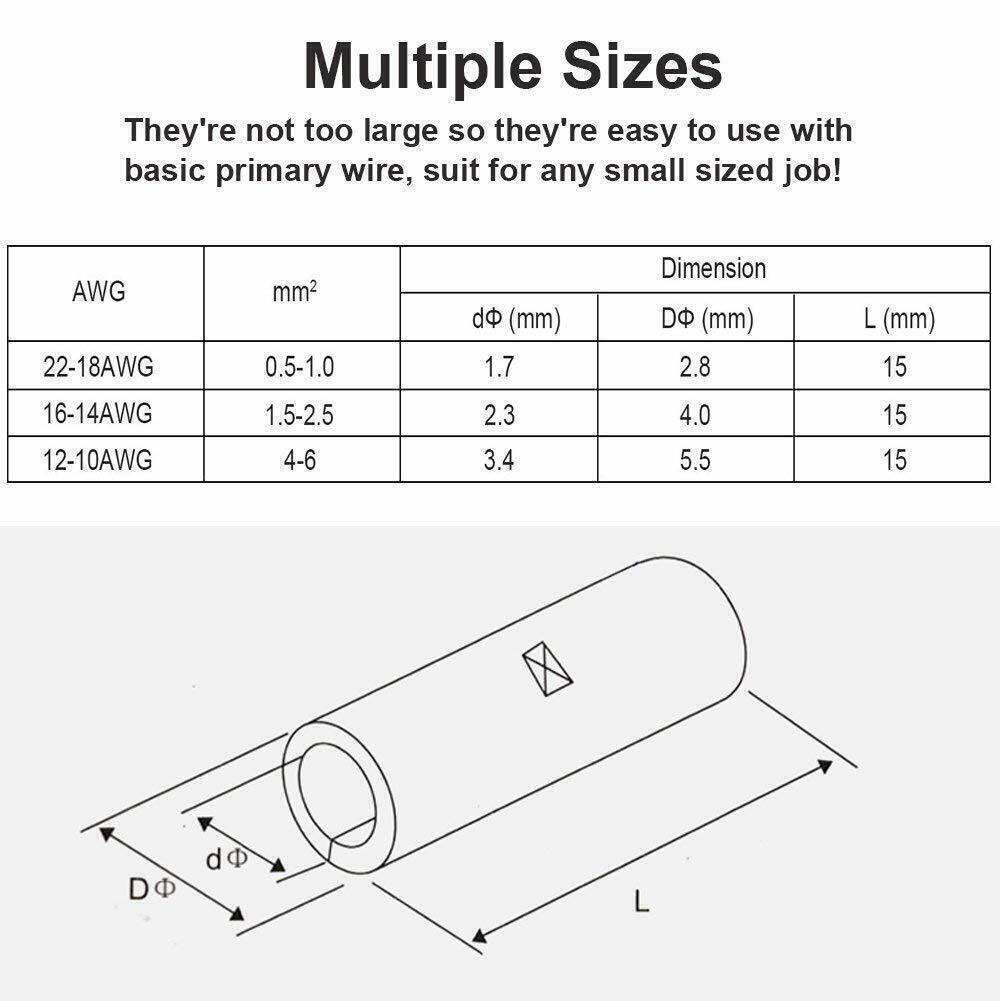 Bare Copper Wire Splice Butt Connectors Ferrule Crimp Terminal 22-10 AWG 200Pcs