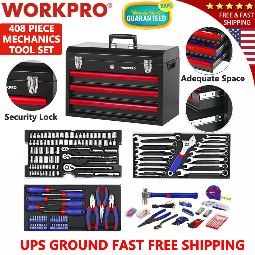 WORKPRO 408PC Mechanics Tool Set 3Drawer Socket Wrench with Heavy Duty Metal Box