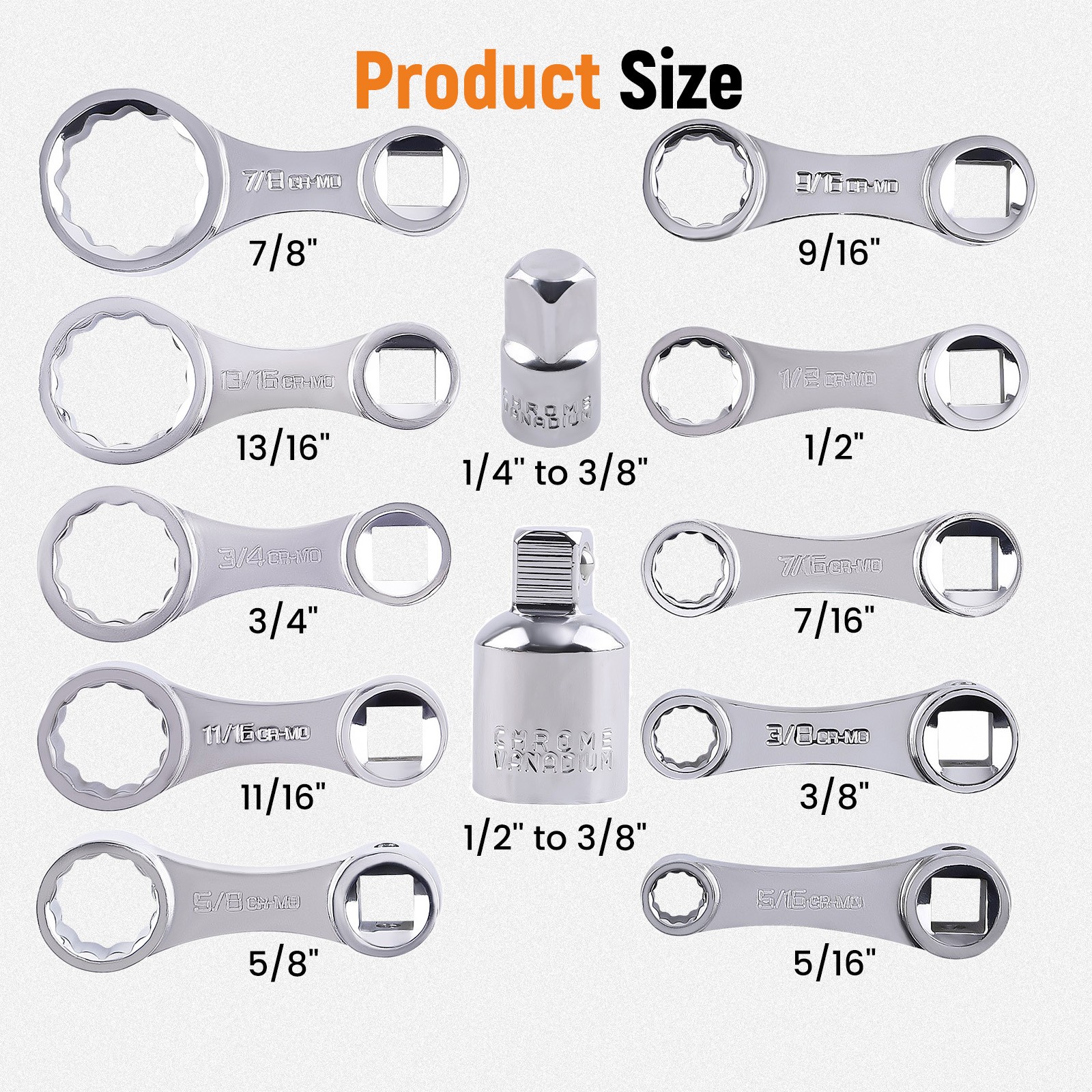 12PCS 3/8″ Drive Torque Adapter Extension Set SAE 12-Point Socket 5/16″-1″