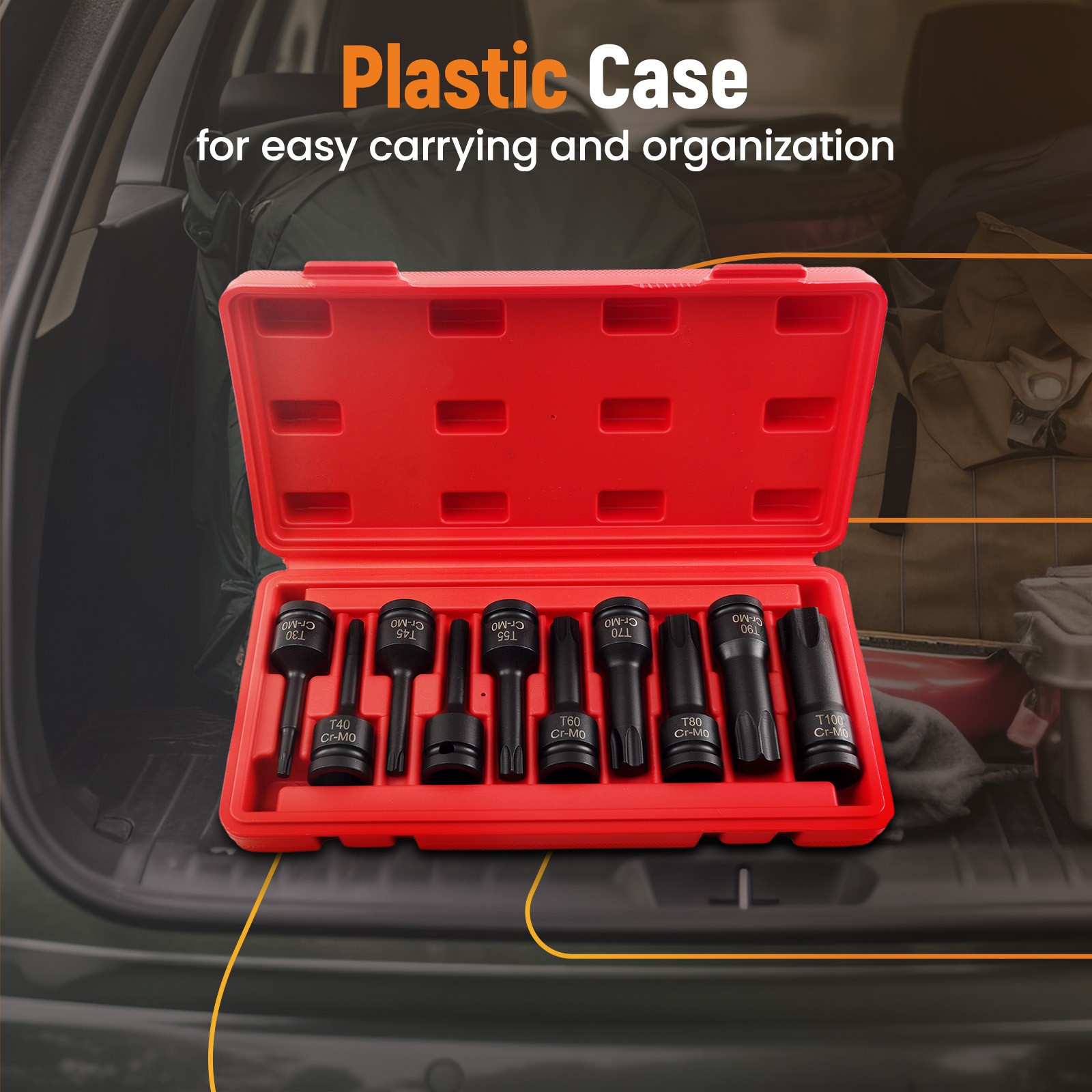 10Pcs T30-T100 1/2 Inch Socket Bits Set Star Drive Impact with Carrying Case