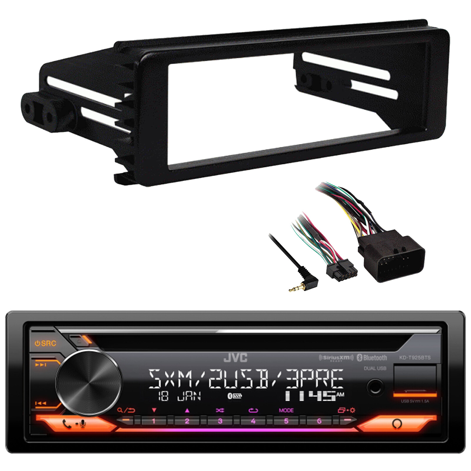 JVC KD-T925BTS Single DIN Bluetooth CD USB AUX Stereo Car Receiver, Install Kit