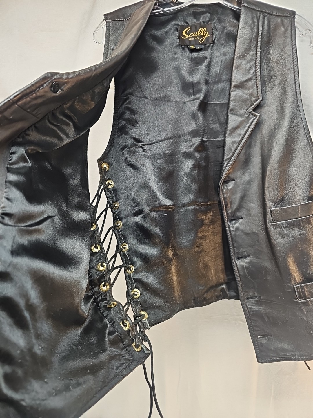 Scully Since 1906 black leather motorcycle side laces button-snap Closure Sz L”