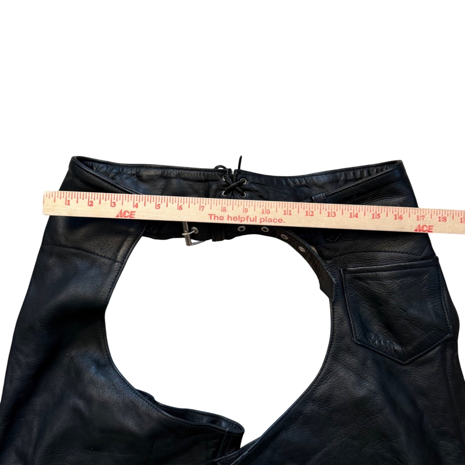 Black Leather Motorcycle Chaps With Adjustable Waist & Snap Closure