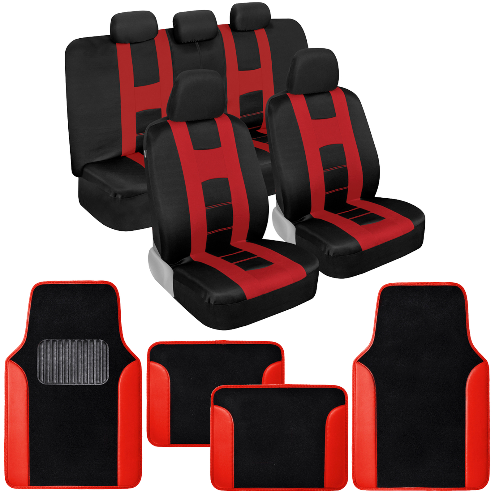 Full Set Car Seat Covers Red Front Rear Bench with Black & Red Carpet Floor Mats