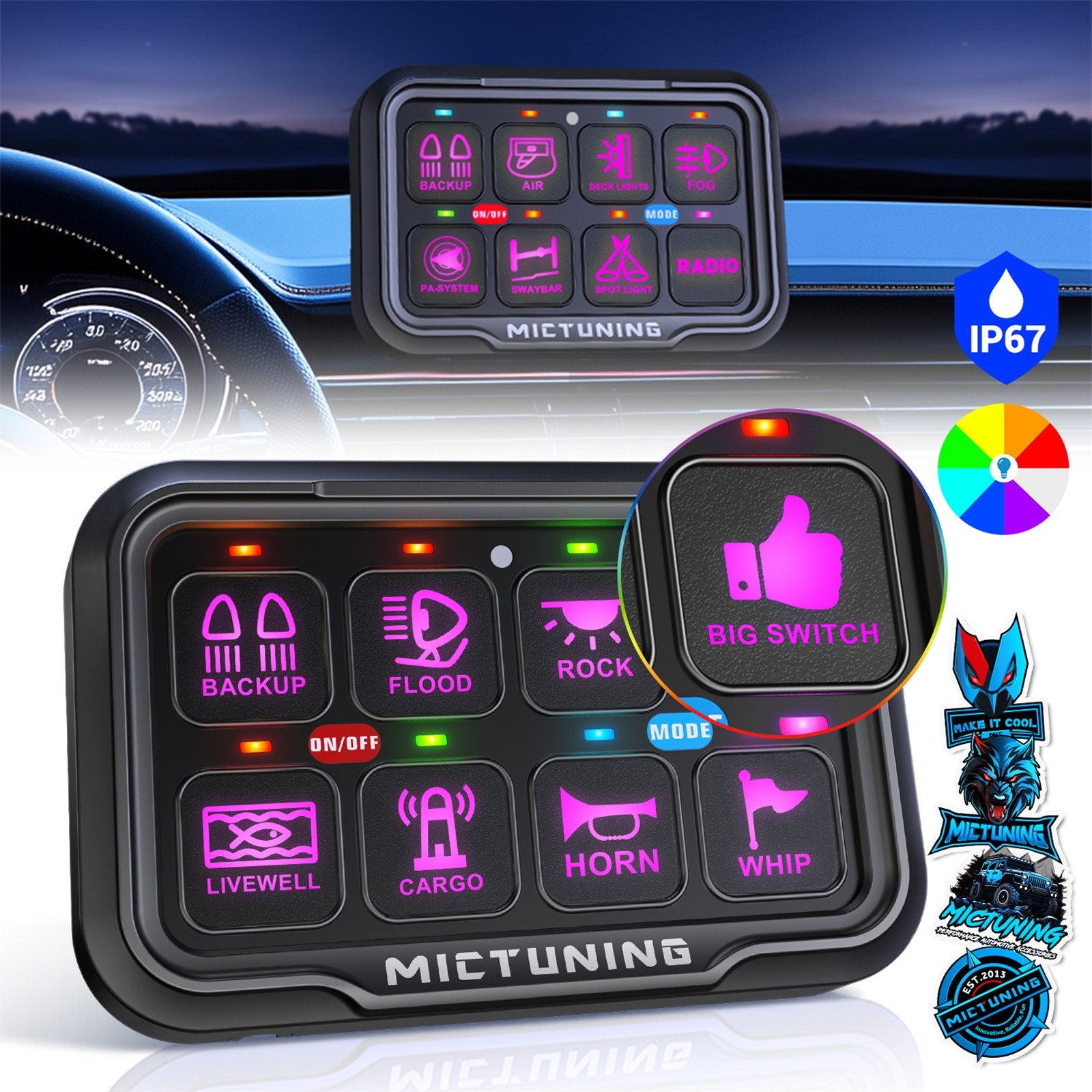 RGB 8 Gang Switch Panel 12/24v LED Light Bar Circuit Relay System Box Car Marine