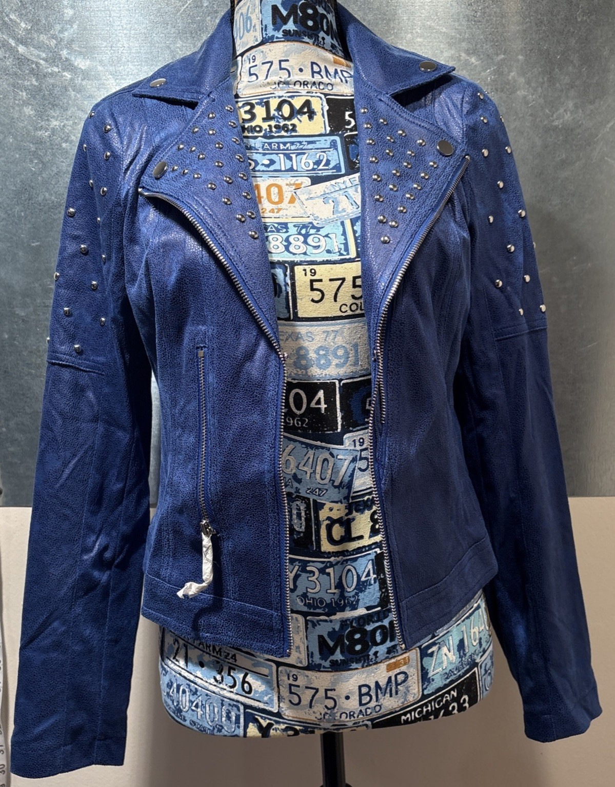 Motorcycle Jacket Faux Suede Studded Foiled Joseph Ribkoff Blue Fitted Baller S