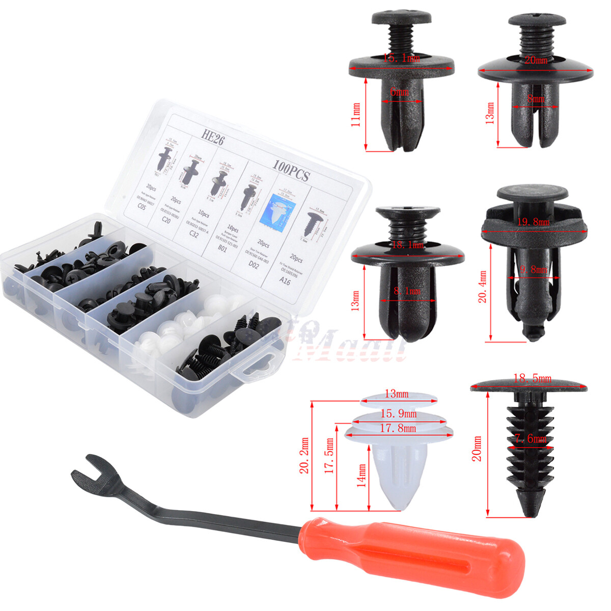 100pc Bumper Hood Fender Mud Flap Guard Retainer Clips Fasteners 6 Size w/ Tool