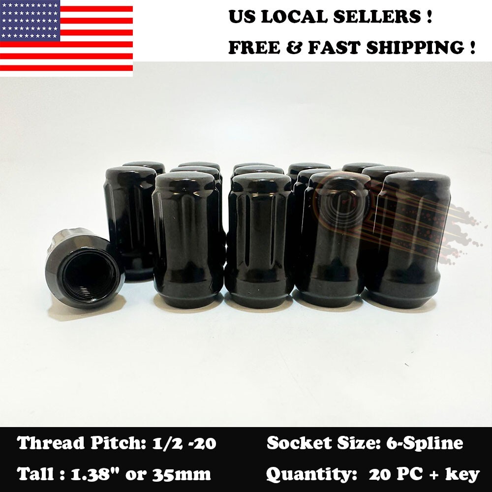 20PCS BLACK 6-SPLINE LUG NUTS + SECURE KEY | 1/2″-20 | FORD MUSTANG (1964-2014)