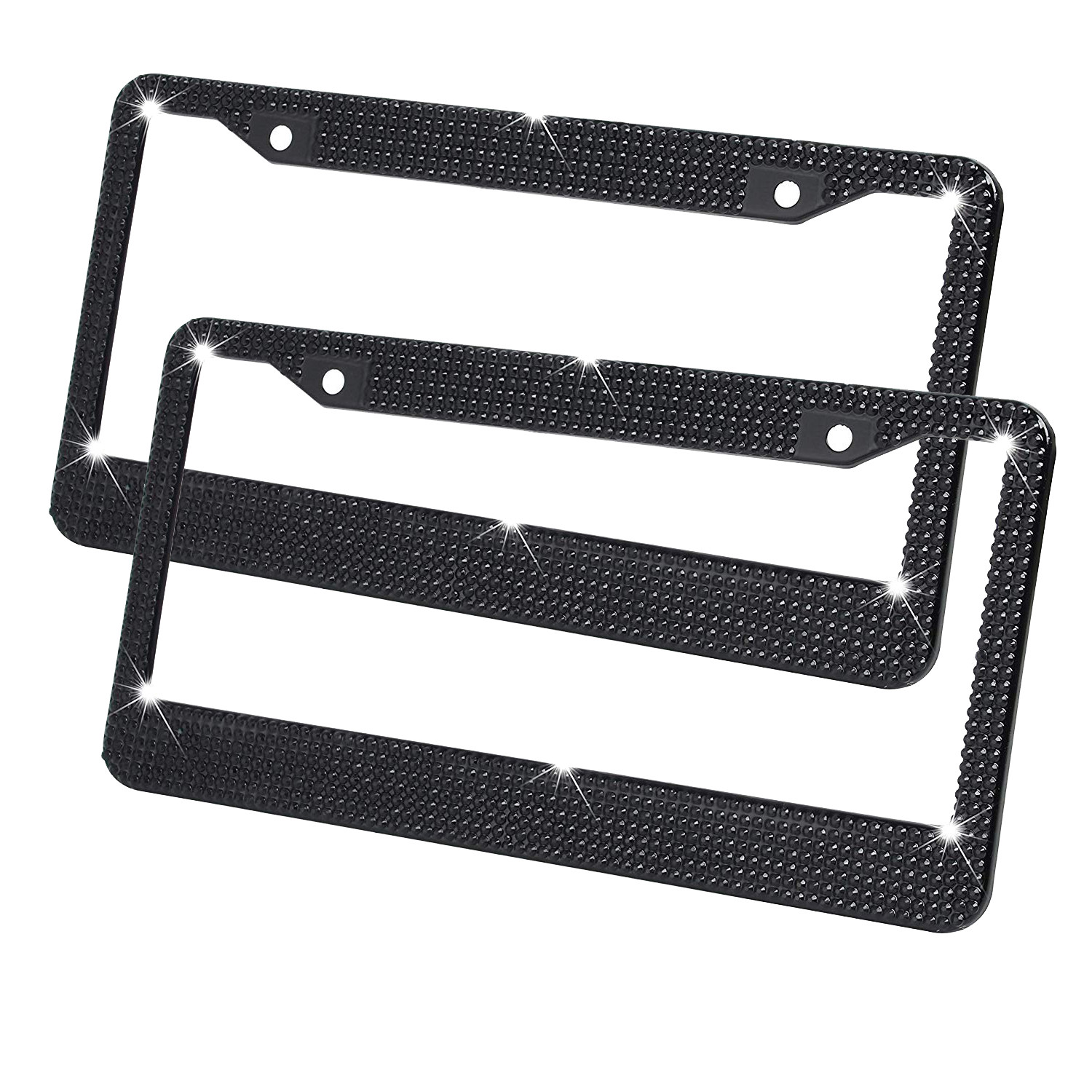License Plate Frames BLACK Rhinestone Shiny on Stainless Set of 2 Front/Rear