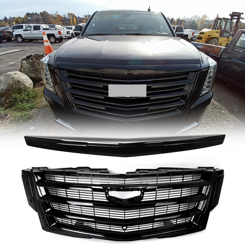 Front Upper Grille+Hood Molding Trim Gloss Black For Cadillac Escalade 2015-2020
