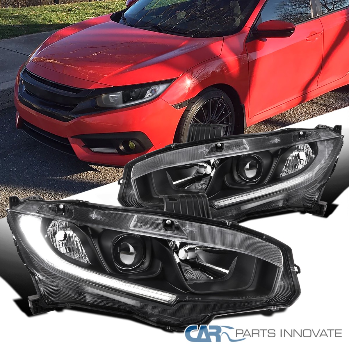 Black Fits 2016-2021 Honda Civic Halogen Type LED Strip Projector Headlights L+R