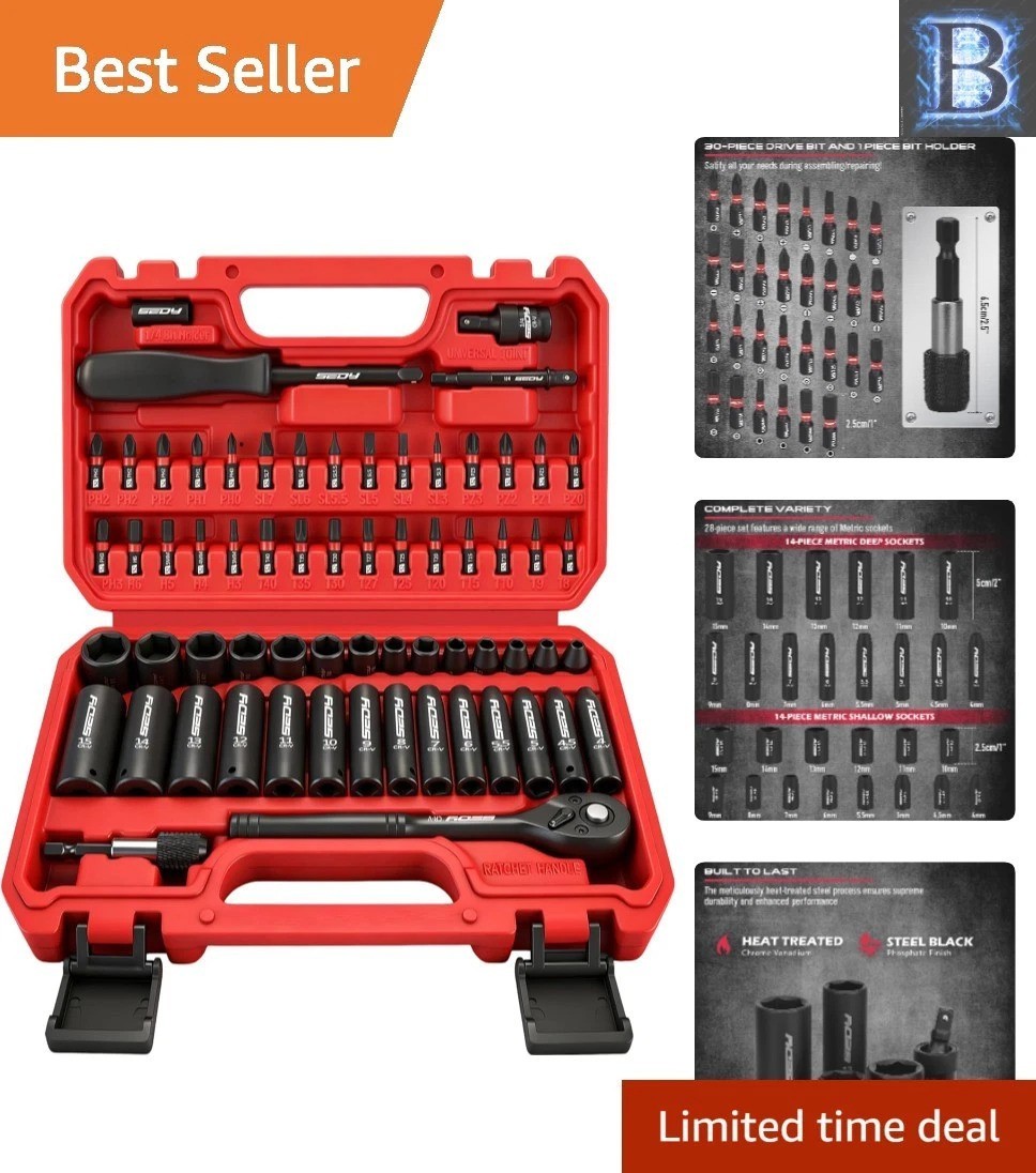 Durable 64-Piece Impact Socket Set with S2 Power Bits & Laser-Engraved Sockets