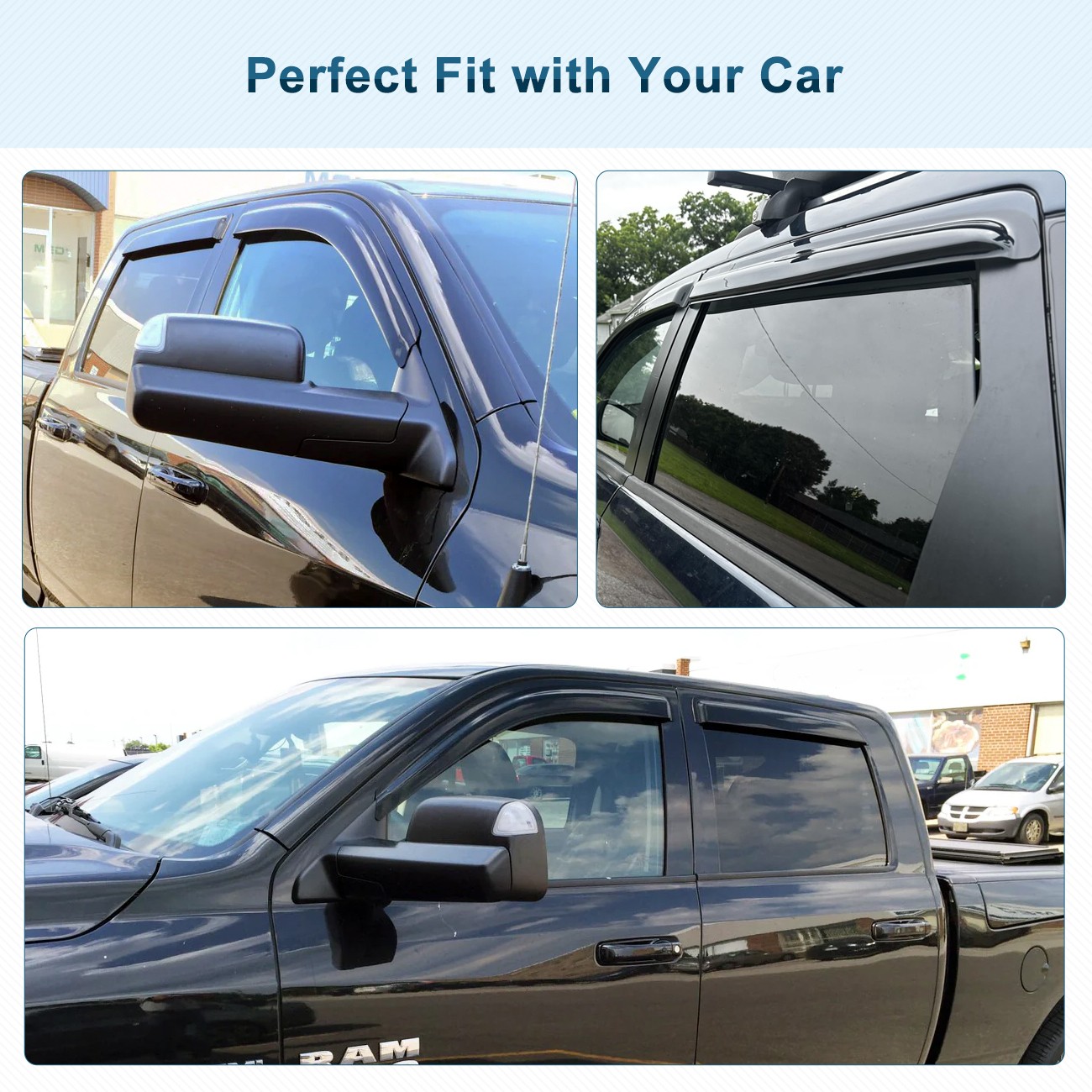 For 2009-2018 Dodge Ram 1500 Crew Cab Window Visor Vent Rain Guards Tape-on