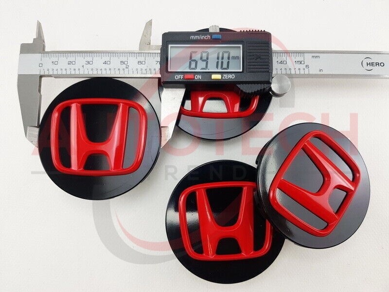 Black/Red HONDA Set Of 4 Wheel Center Caps 69MM