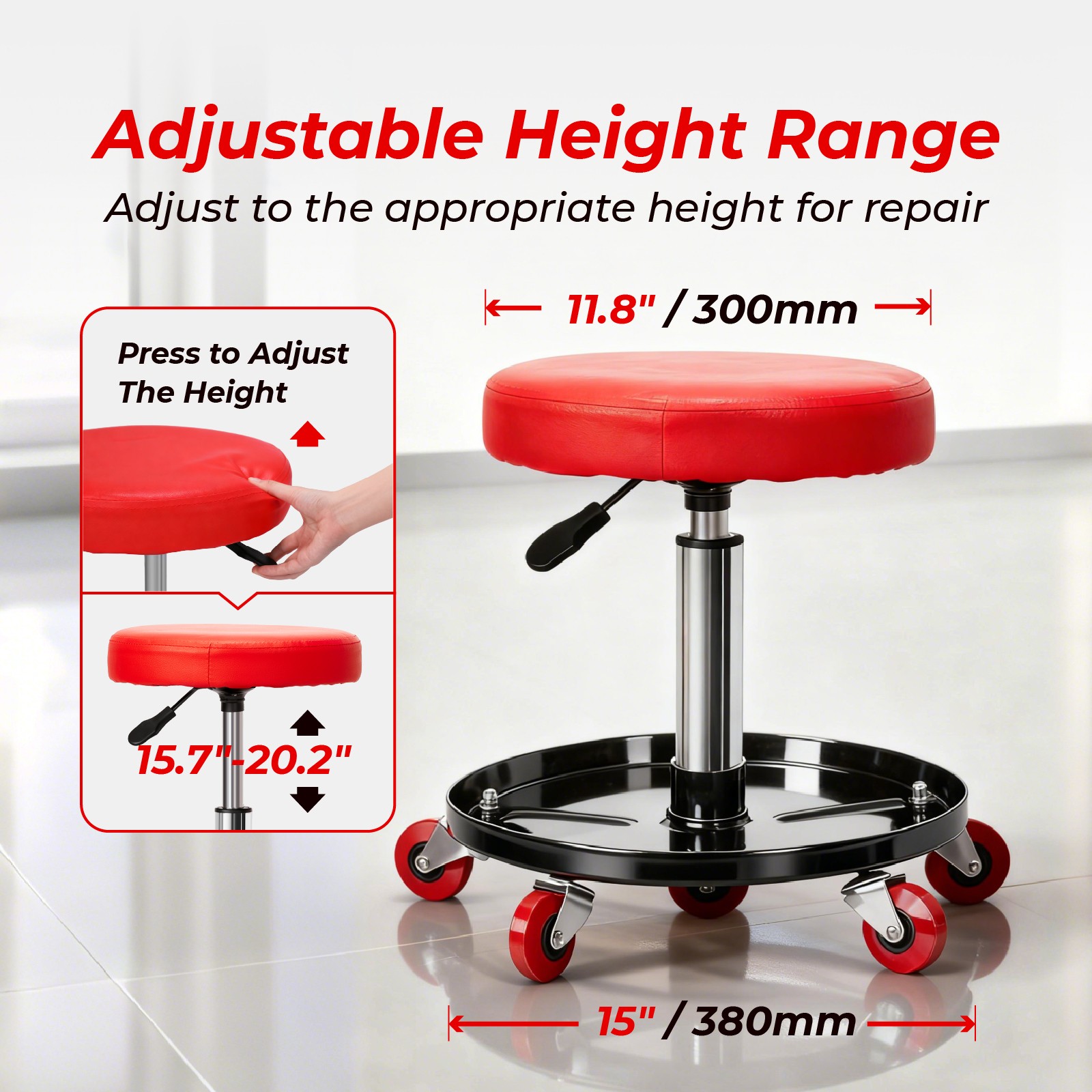 Rolling Garage Stool with Wheels Adjustable Mechanic Work Seat Creeper 300Lbs