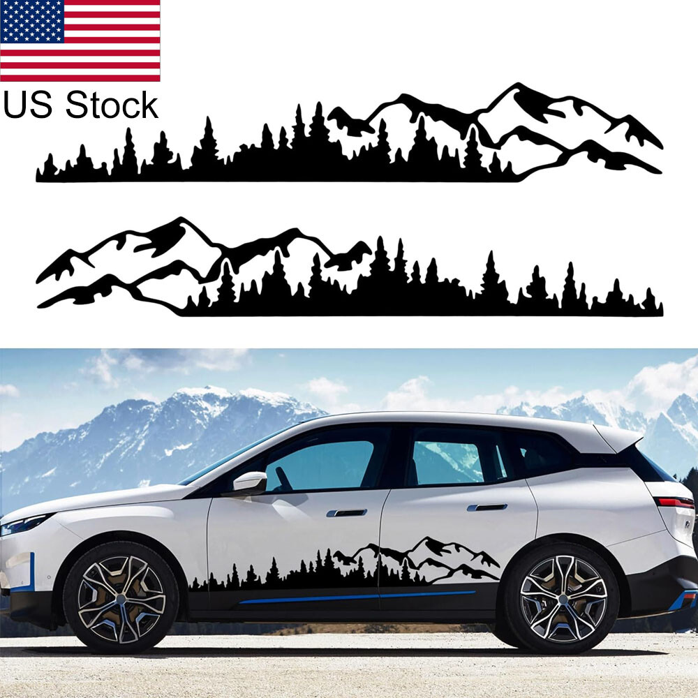 2pcs 75” Black Mountain Tree Forest Graphic Side Body Door Vinyl Decal Sticker