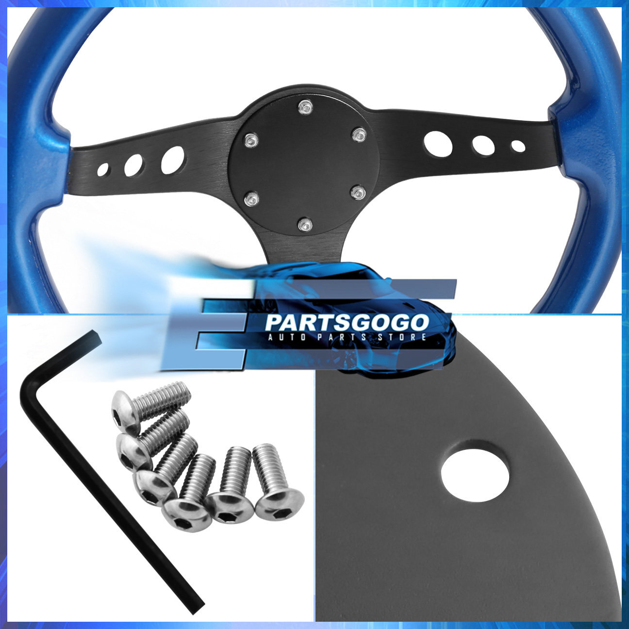 For Universal 6 Bolt Hole Steering Wheel Blank Horn Delete Plate Black + Screws