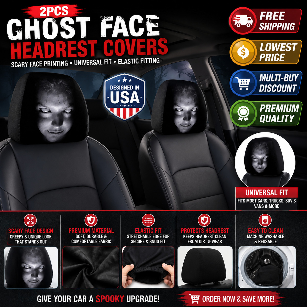2pcs Ghost Face Headrest Covers,Scary Face Printing Auto Seat Universal Elastic