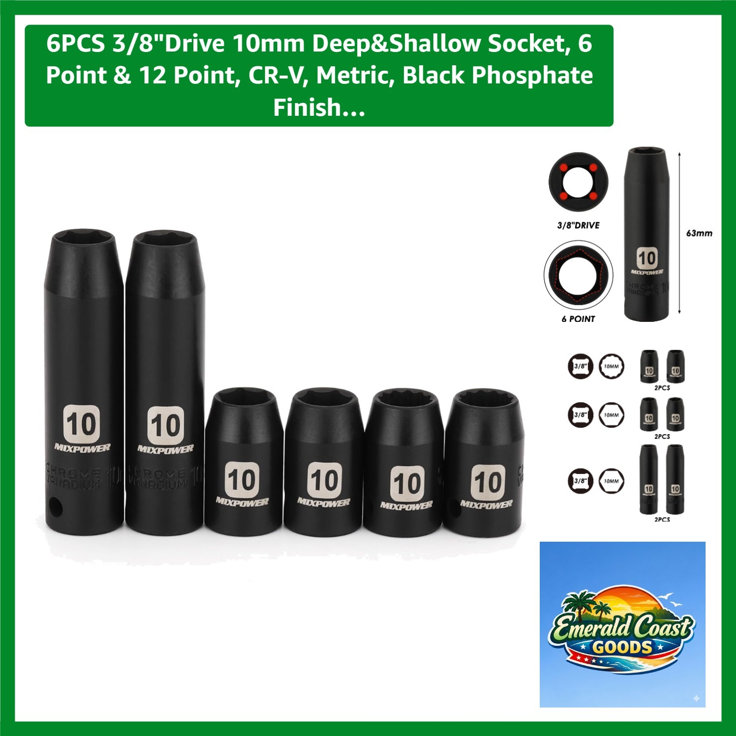 Mixpower 6-Piece 3/8″ Drive 10mm Deep & Shallow Socket Set – CR-V Steel