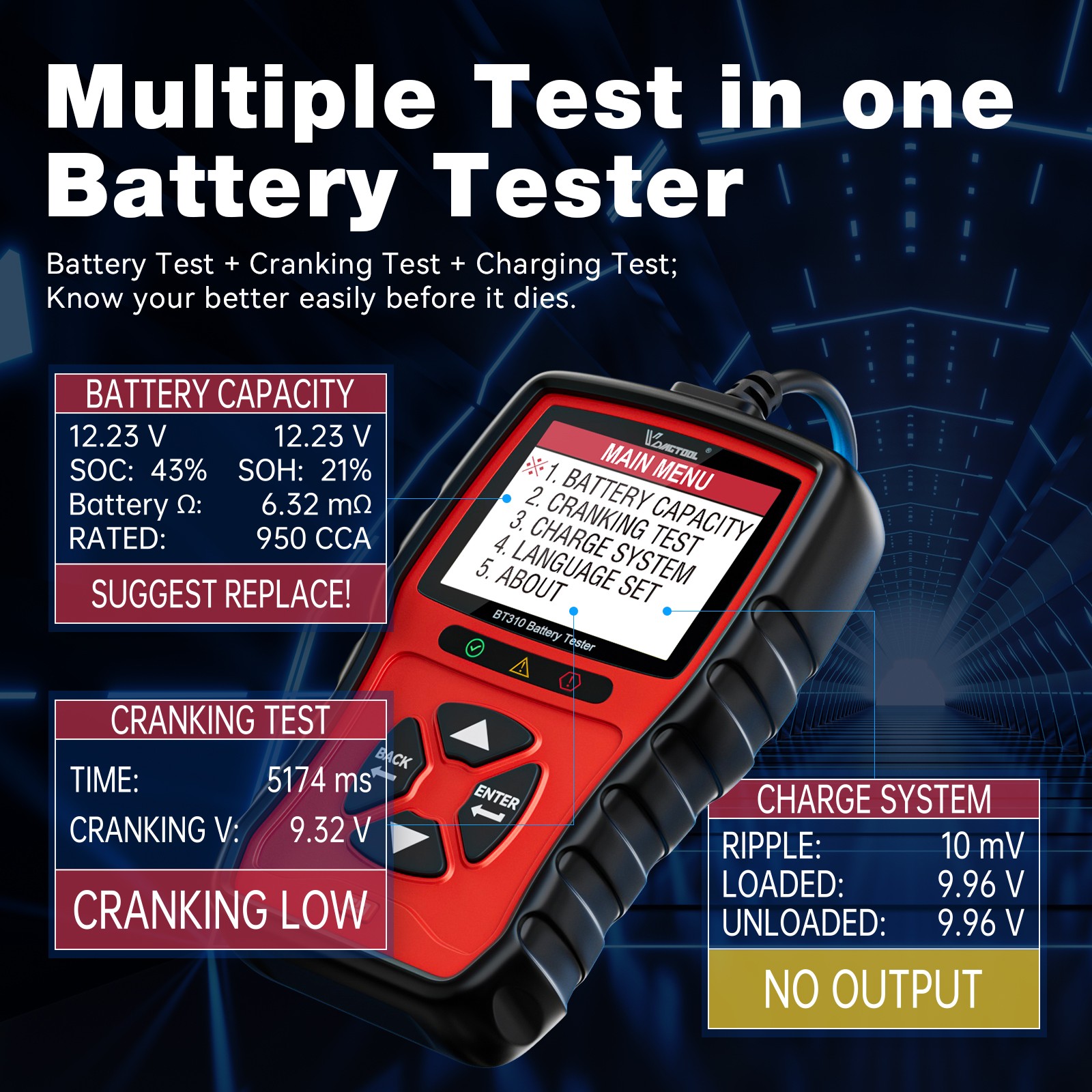 VDIAGTOOL BT310 CarBattery Load Tester 12V/24V 100-2000CCA Battery Analyzer Tool