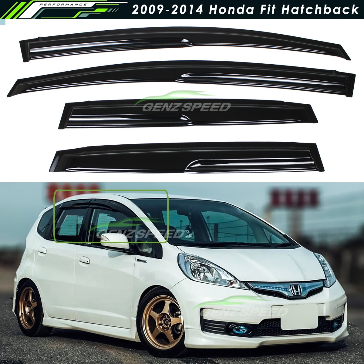 For 2009-2014 Honda Fit GE8 3D Wavy JDM Mugen Style Window Visors Rain Guards