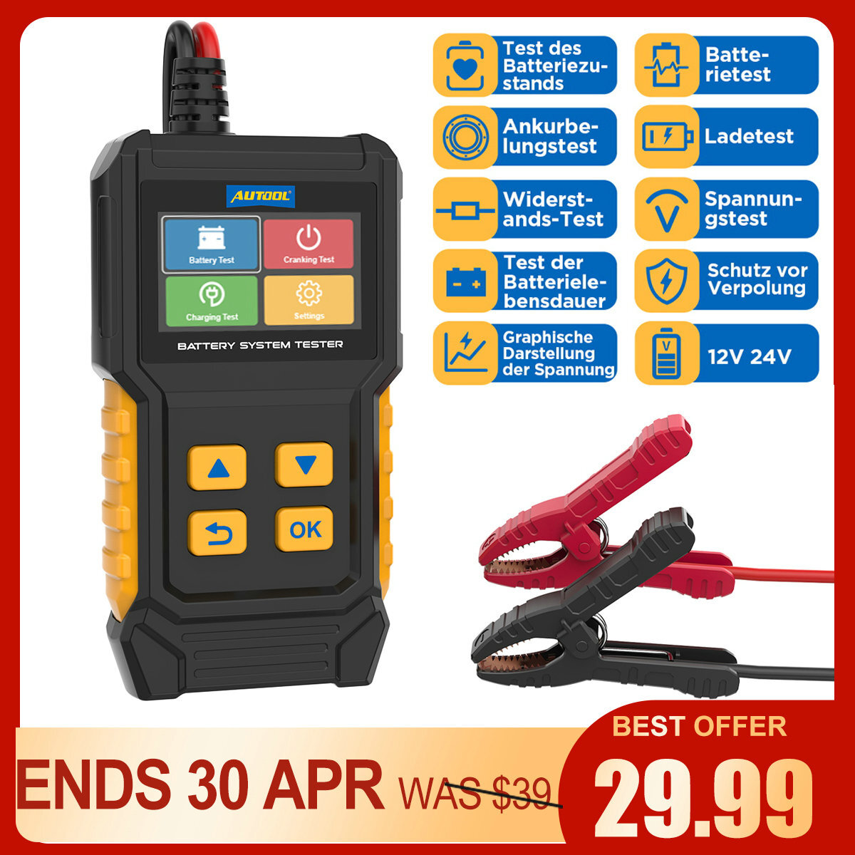 12V 24V Car Battery Tester Truck Battery Analyzer Cranking Charging Voltage Test