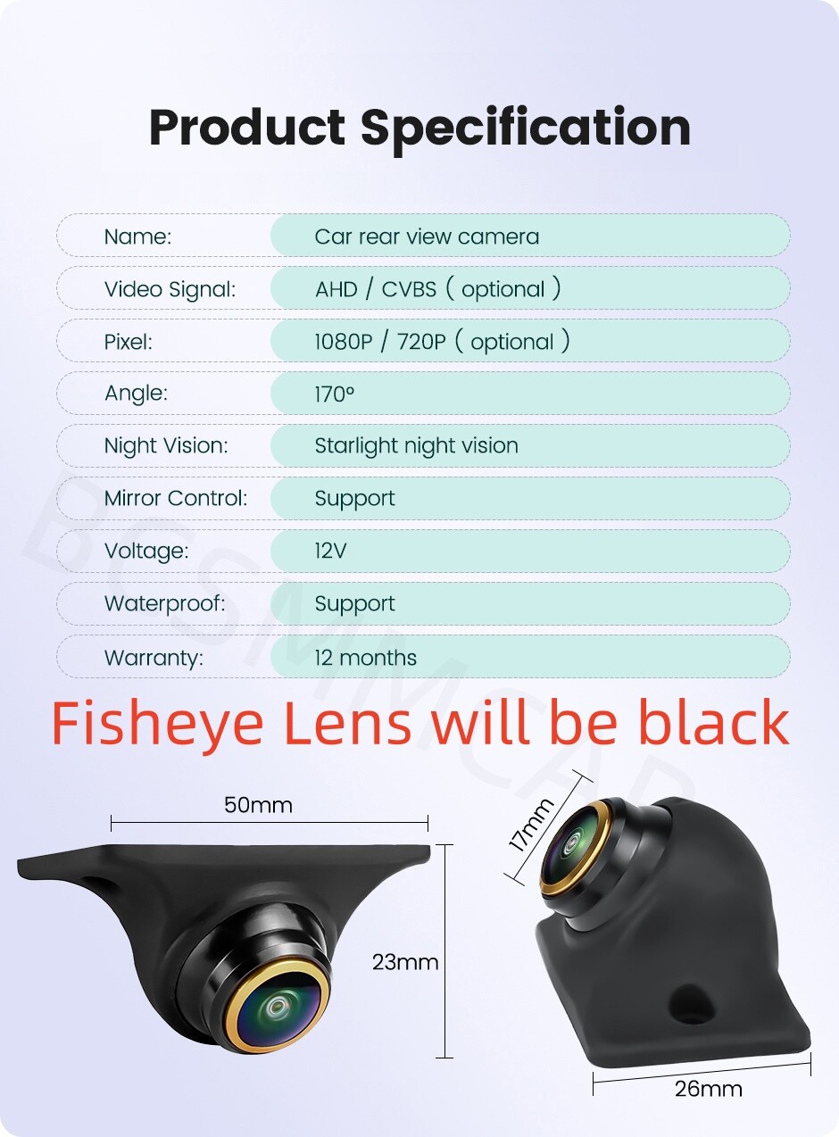 AHD CVBS Car Rear View Reverse Camera 170° Wide Angle Night Vision Waterproof