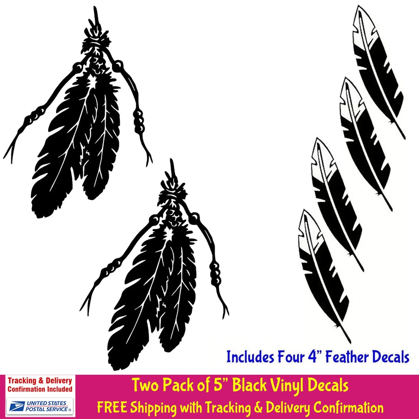 Native American Feathers Two Black Vinyl Decals car truck windows laptop tablet