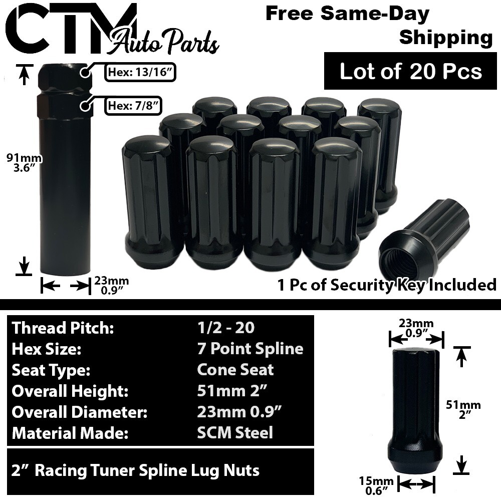 20x Black 2″ Tall 1/2-20 Spline Tuner Wheel Lug Nut + Key Fit Ford Models