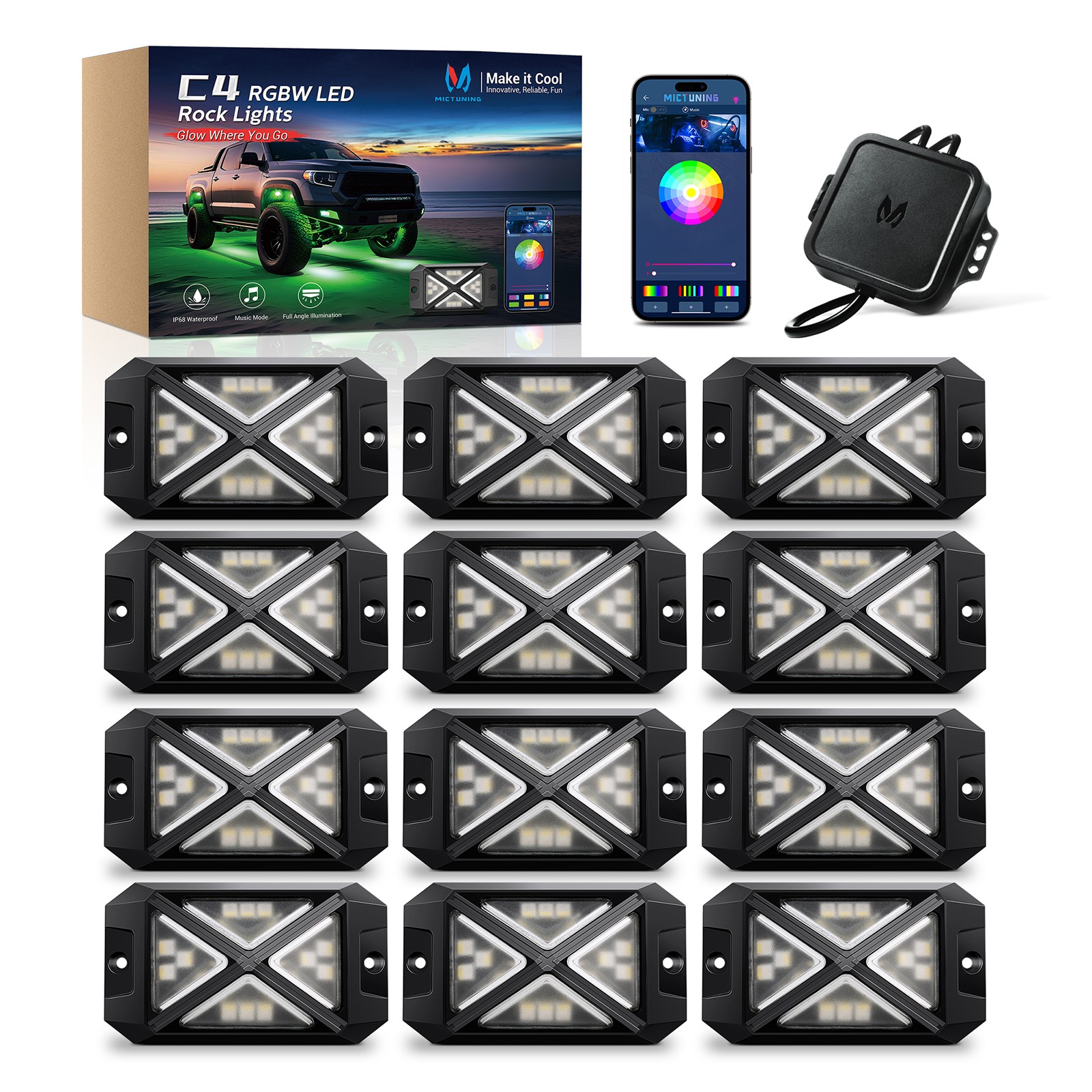 MICTUNING 12 Pods C4 RGBW LED Rock Lights Kit, 4-Side Underglow Underbody Lights