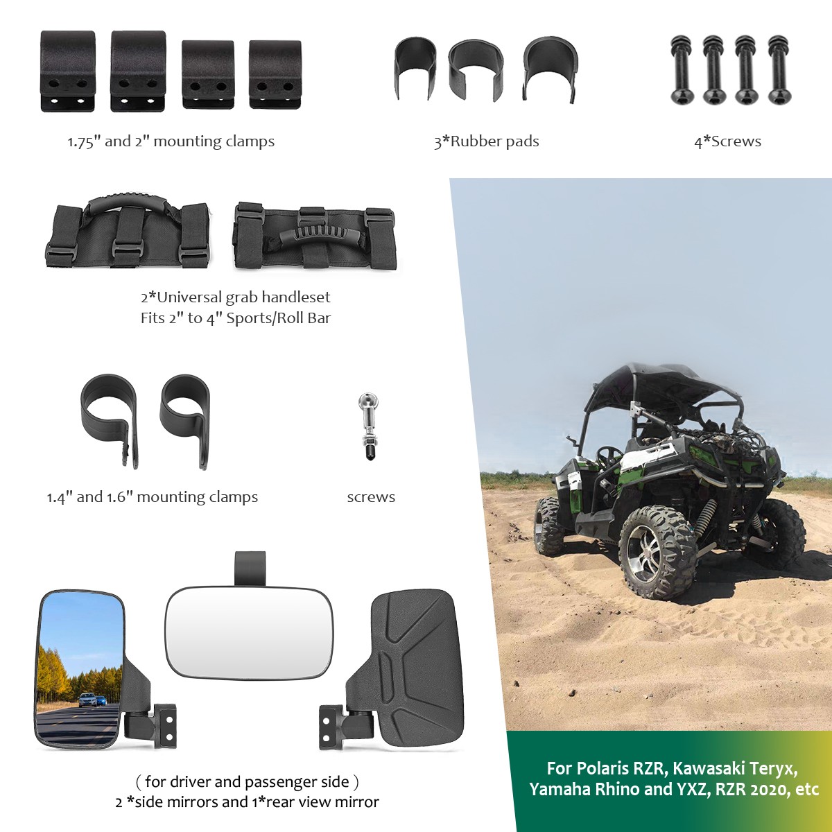 UTV Side View Rear Center Mirrors Set For Kawasaki Mule PRO FX FXT DX DXT PRO-MX