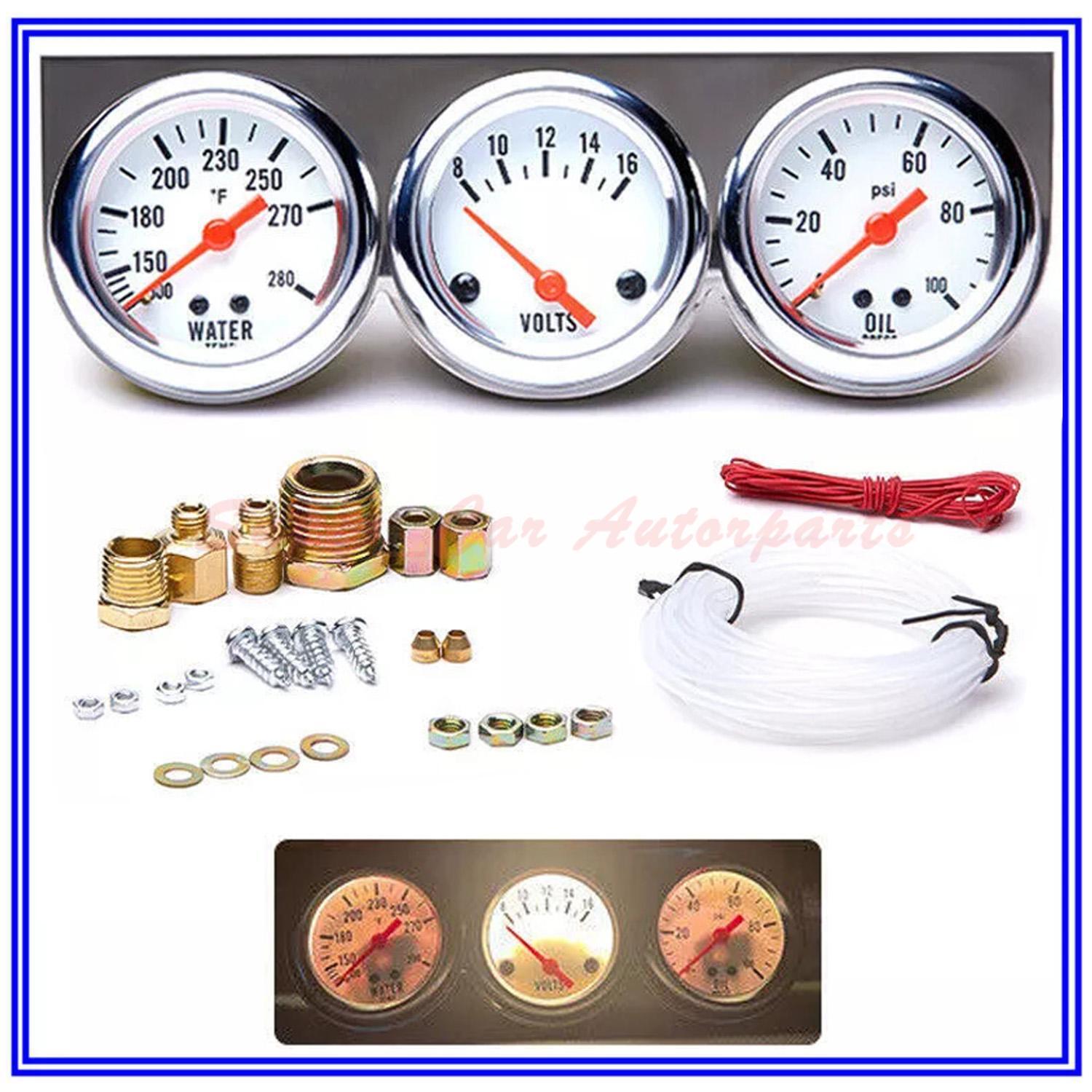 3 in1 52mm 2″ Chrome Car Triple Gauge Set Kit Water Temp Oil Pressure Volt Meter