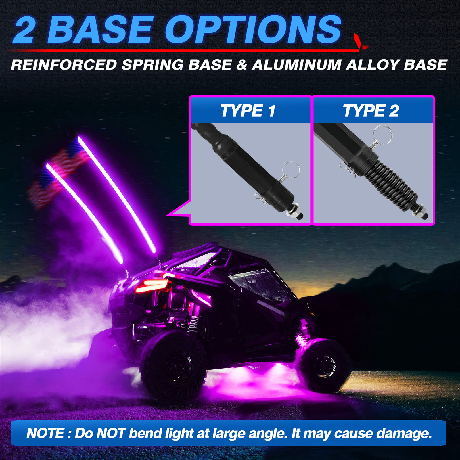 2pcs 1FT COB Fat Whip Light,RGB+IC Chasing Antenna Whips for ATV UTV SXS RZR