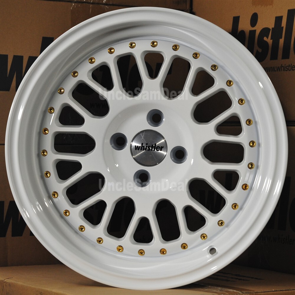 16×9 4×100 15 OFFSET WHISTLER SK1 GLOSS WHITE w/RIVET MESH SPOKES 4 WHEELS SET