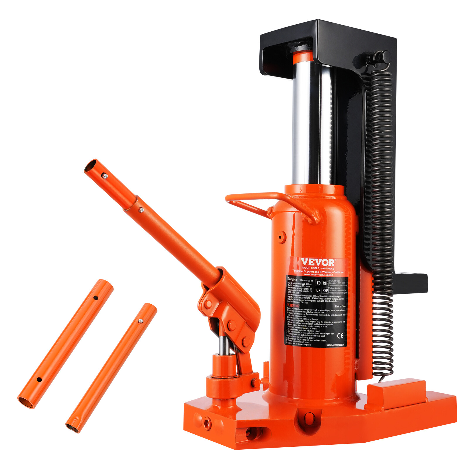 VEVOR Hydraulic Machine Toe Jack Lift Lifting Capacity 10 Ton Toe 20 Ton Top