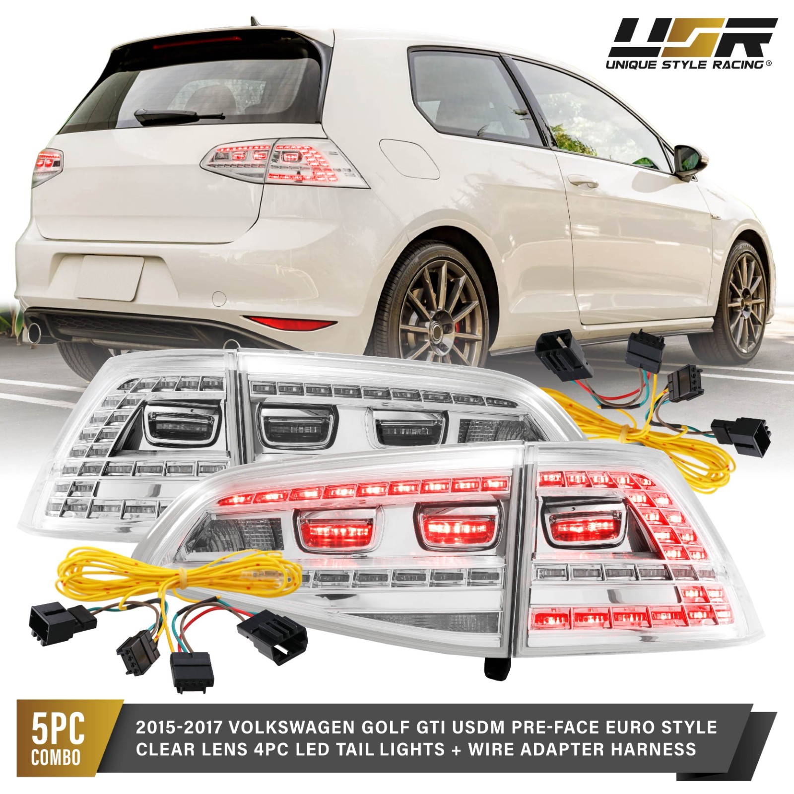 CLEAR LED Euro Style Tail Lights + USDM to EURO Wiring For 15-17 VW Golf GTI MK7