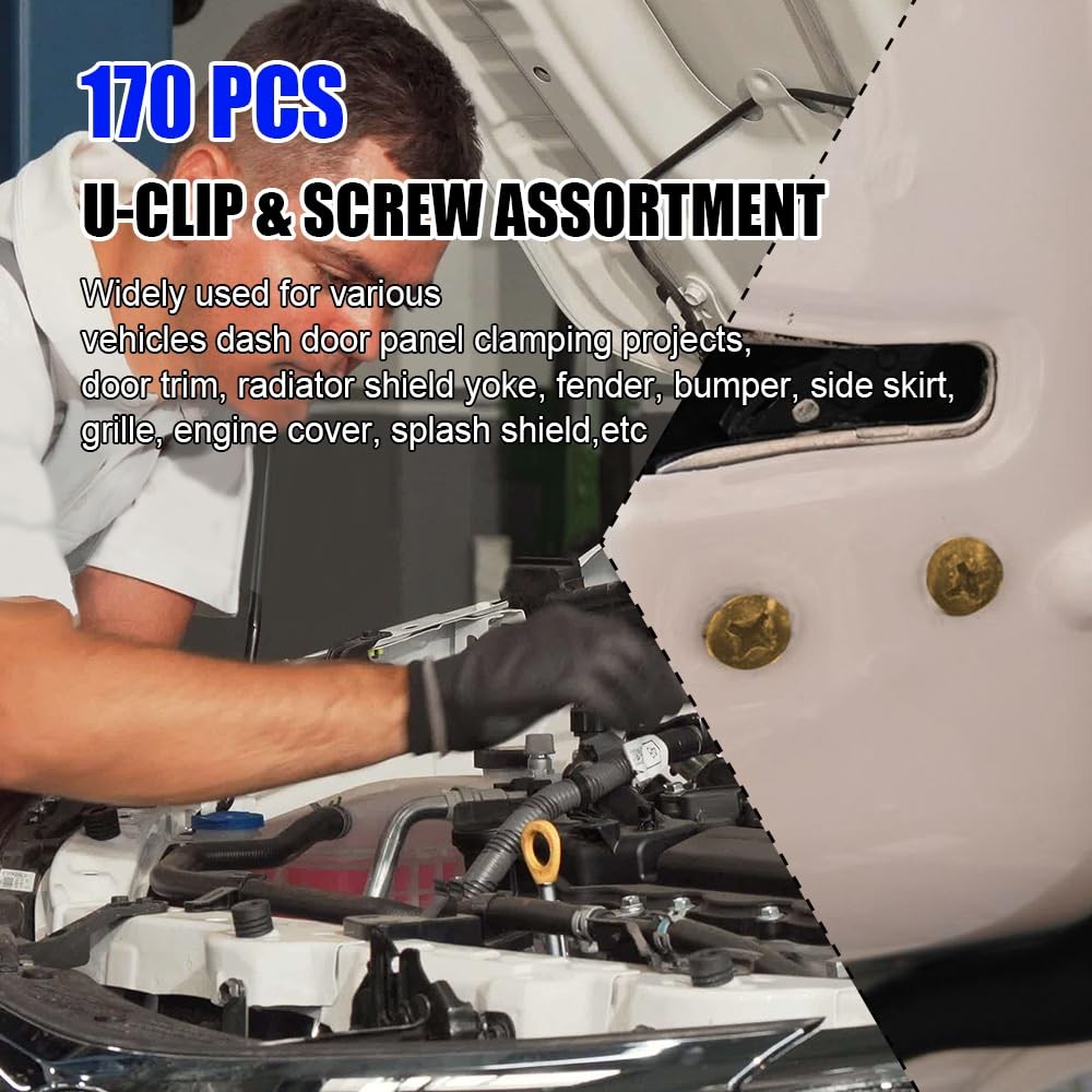 170PCS Automotive Screws and Clips Assortment Kit, Car U-Clip One Size, Black