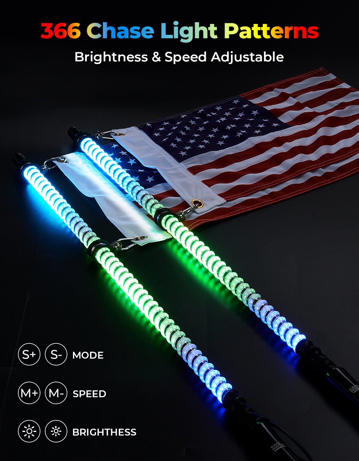 KEMIMOTO Pair 3FT Whip Lights W/COB LED Chips Flag Remote UTV ATV APP Control