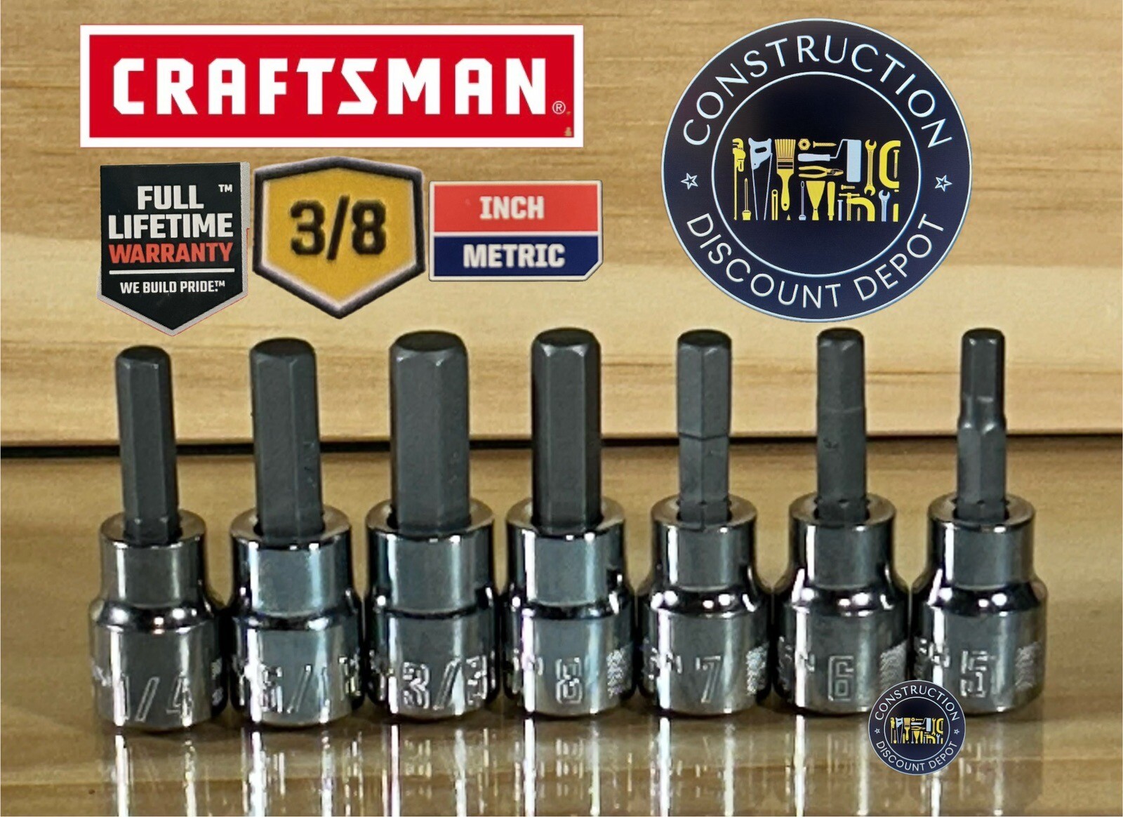 SURPLUS STOCK 7 Craftsman SAE Metric Hex Bit Allen Key Socket Set 3/8″ Drive