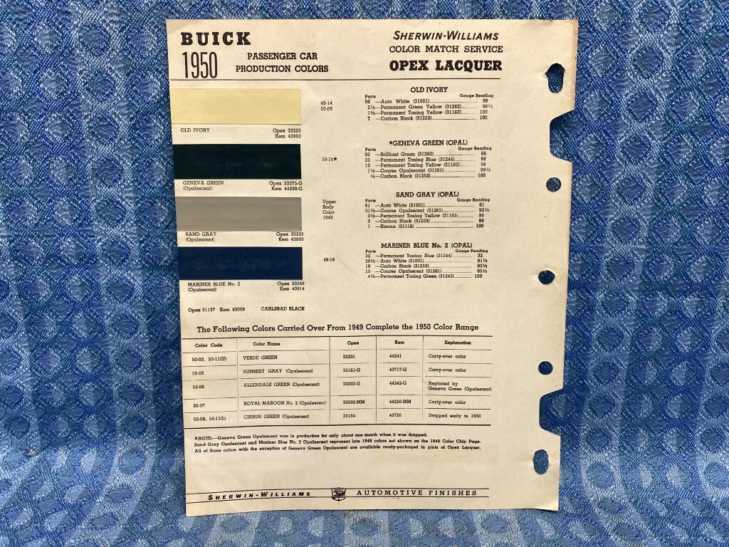 1950 Buick Original Sherwin-Williams Color Paint Chip / Chart Roadmaster Special