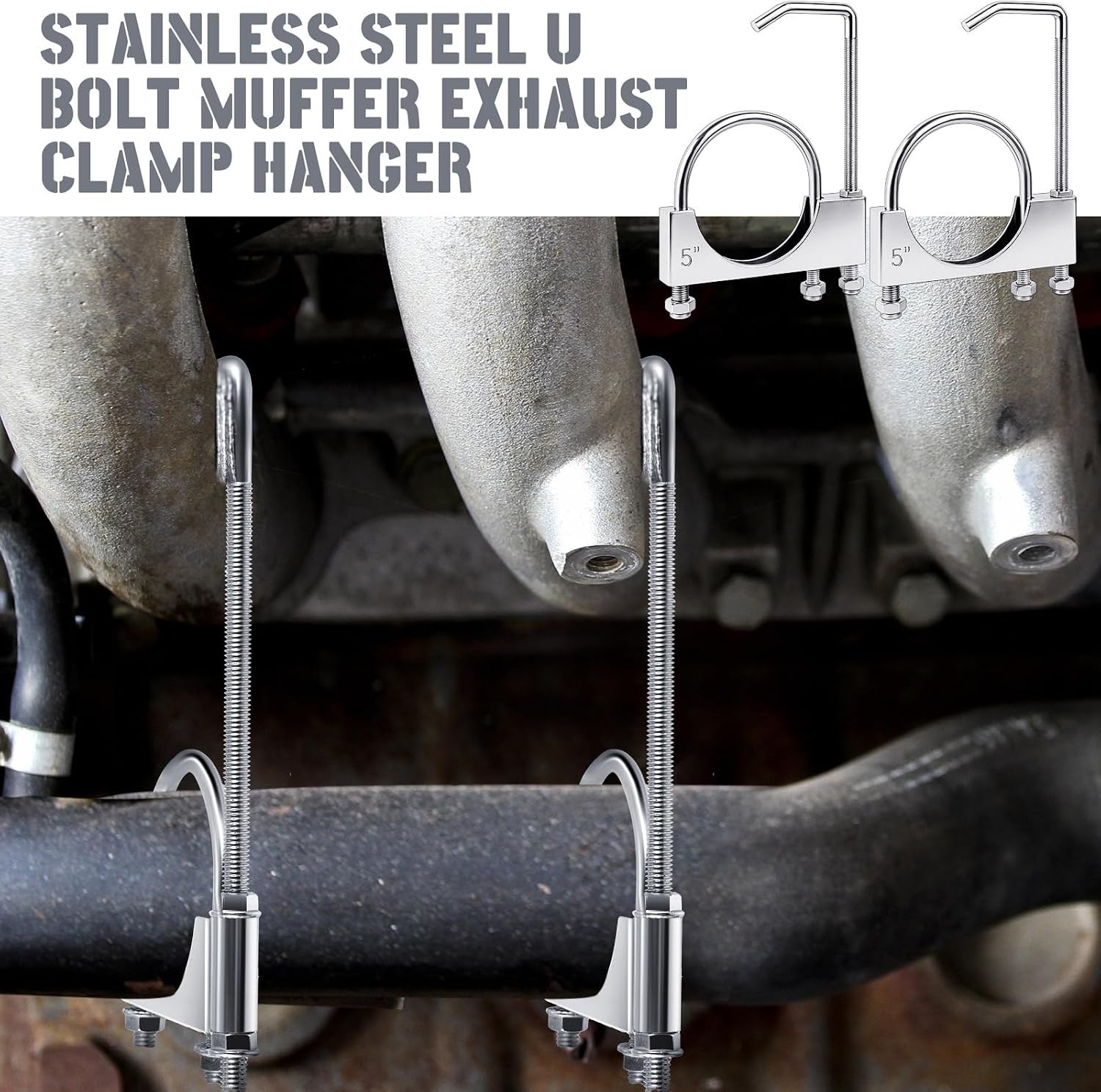 Datanly 2 Pcs 5 Inch Universal Exhaust Clamp with Hanger, Made 5 Inch, Silver
