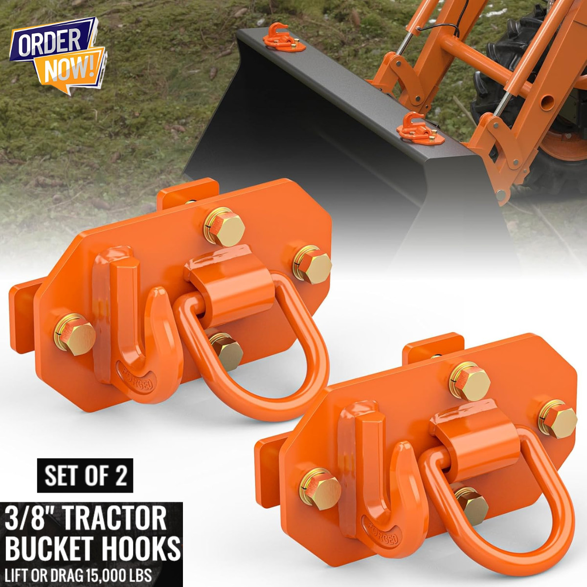 2PCS 3/8″ Tractor Bucket Hooks Bolt On Grab Hook with 1/2″ D Rings Orange 15K