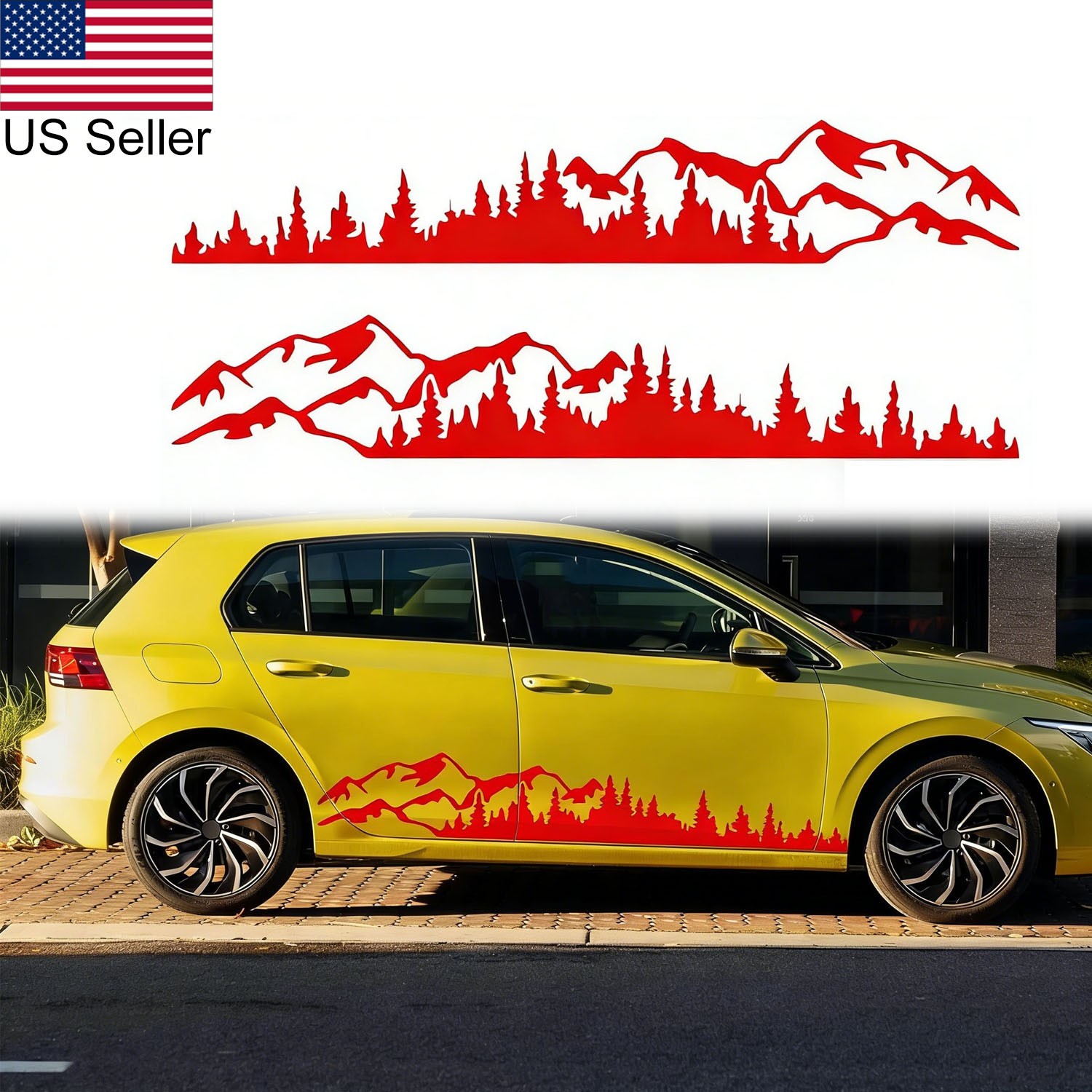 Universal 2Pcs Red Mountain Tree Forest Graphic Side Body Door Decals Stickers