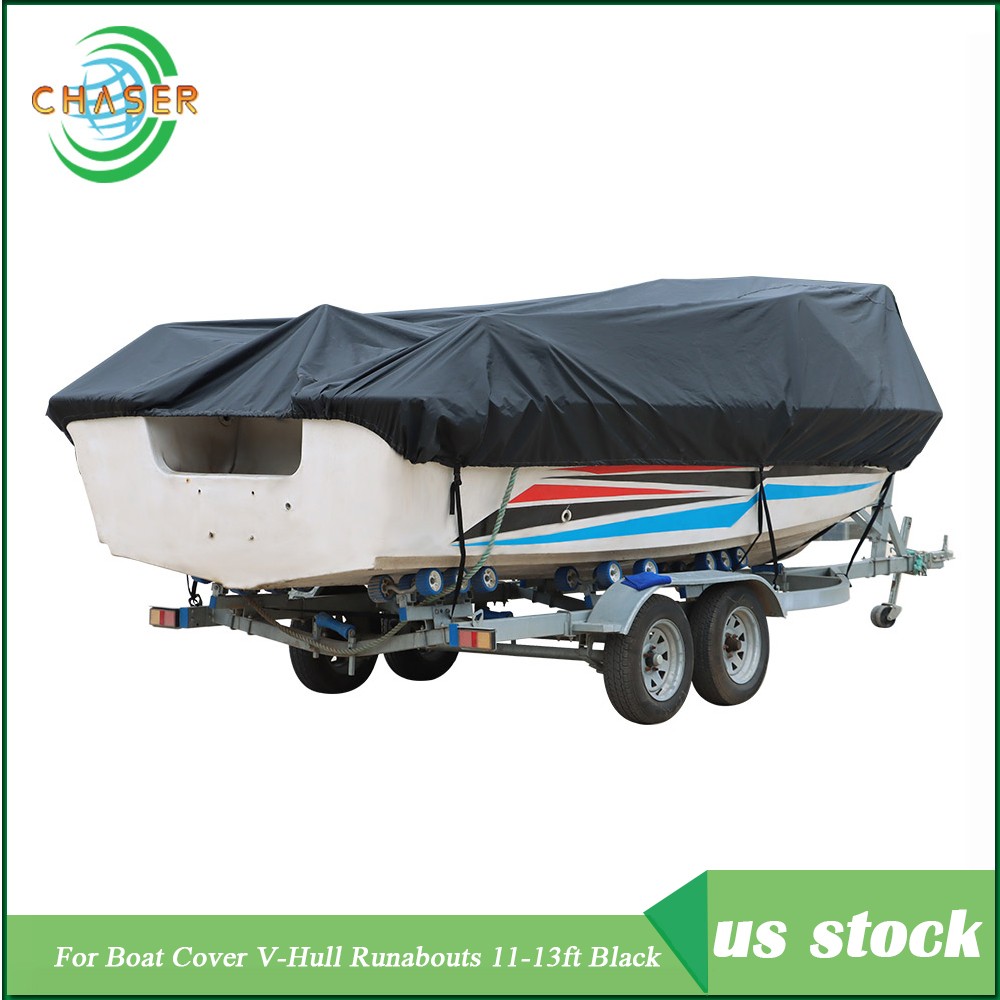 11-13ft 420D Black Waterproof Heavy Duty Boat Cover V-Hull Runabouts